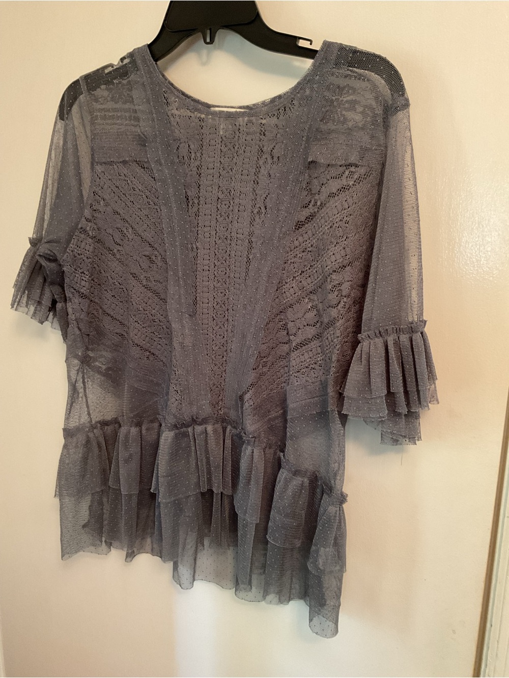 Umgee Sheer Ruffle Lace Blouse - Gray
Size M
